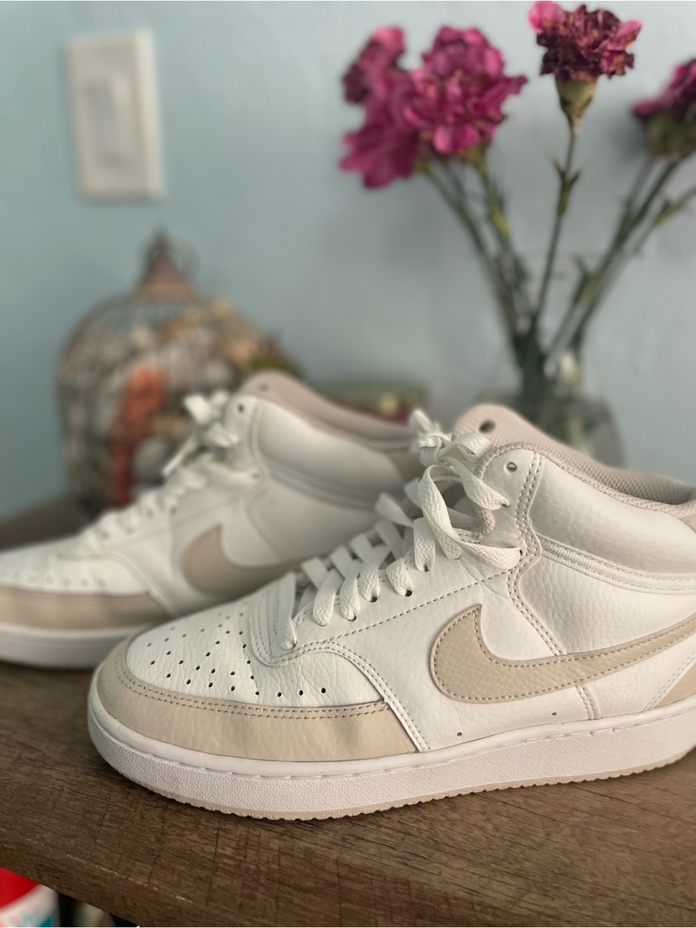 Nike White High-Top Sneakers with Beige Accents